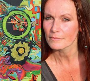 Das Gemälde Sunflare von Ursula Rapp und ein Portrait der Künstlerin