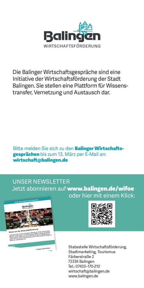 Sie sehen den Einladungsflyer Ansicht hinten zu den Wirtschaftsgesprächen 2025 in Balingen.