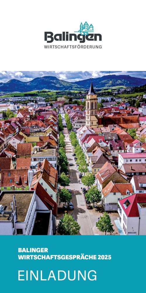 Sie sehen den Einladungsflyer Ansicht vorne zu den Wirtschaftsgesprächen 2025 in Balingen.