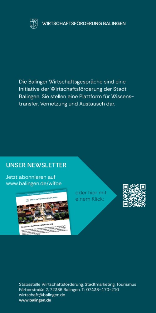Sie sehen den Einladungsflyer Ansicht hinten zu den Wirtschaftsgesprächen 2026 in Balingen.