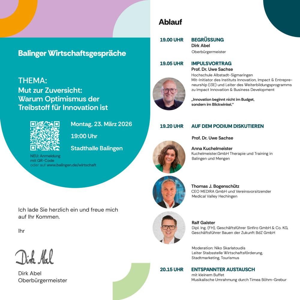 23. März 19 Uhr Stadthalle Balingen Sie sehen den Einladungsflyer Innenansicht zu den Wirtschaftsgesprächen 2026 in Balingen.