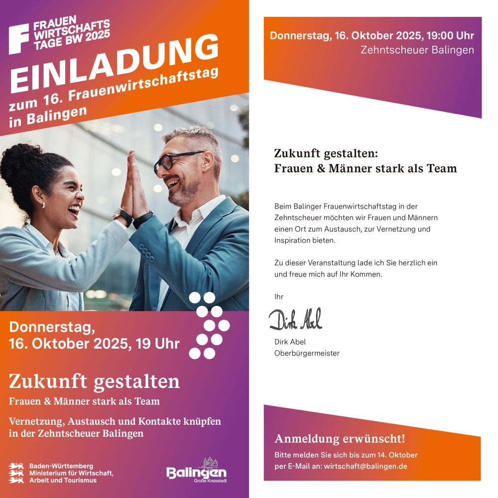 16. Oktober 19 Uhr Zehntscheuer Balingen Sie sehen den Einladungsflyer Außenansicht zum Frauenwirtschaftstag 2025 in Balingen.