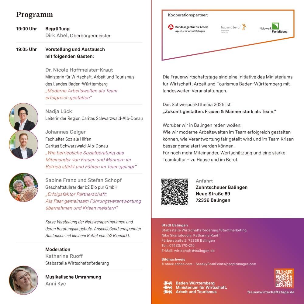 16. Oktober 19 Uhr Zehntscheuer Balingen Sie sehen den Einladungsflyer Innenansicht zum Frauenwirtschaftstag 2025 in Balingen.