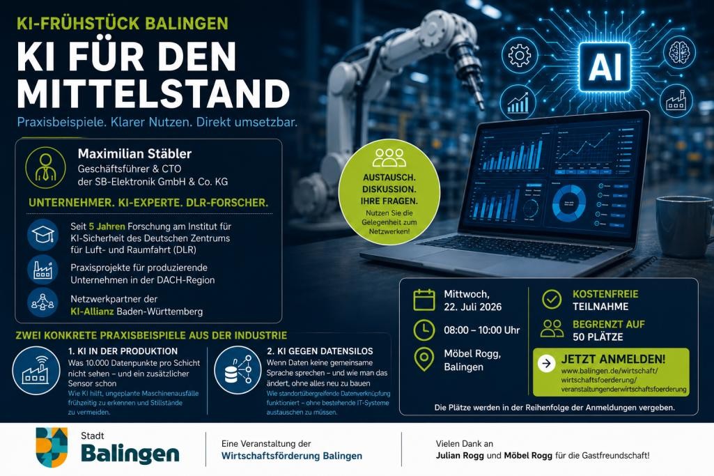 Sie sehen einen Flyer, der das KI-Frühstück in Balingen bewirbt, mit dem Thema "KI für den Mittelstand".