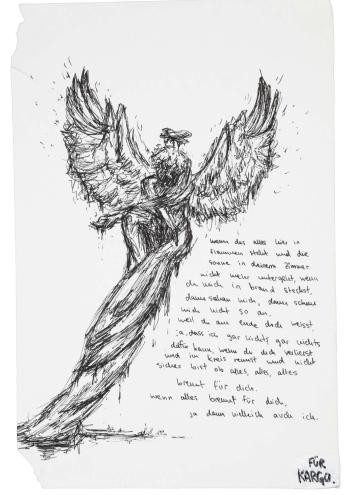 Bleistiftzeichnung einer Engelin, daneben handschriftlich ein Gedicht