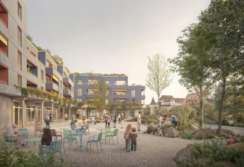 Visualisierung des zukünftigen Gebäudes mit Platz