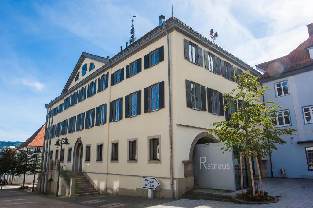 Ein historisches Gebäude mit Freitreppe, langen Fensterreihen und Dreiecksgiebel