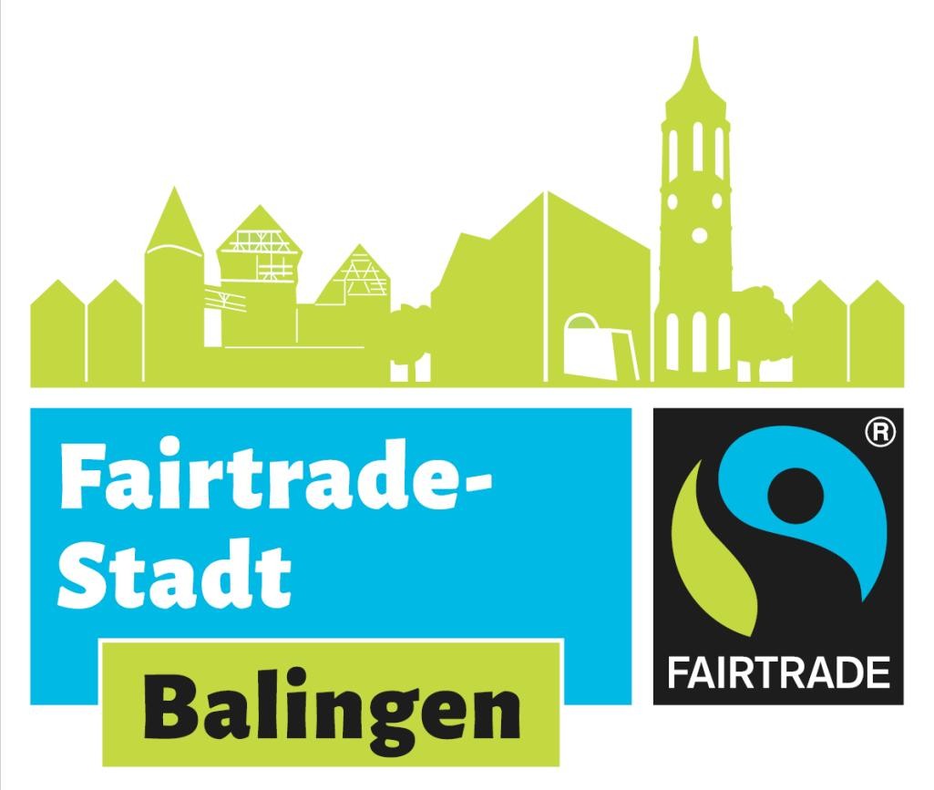 Logo der Fairtrade Stadt Balingen mit der Stadt Silhouette von Balingen