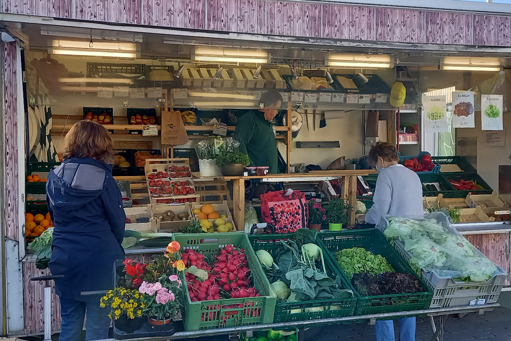 Kunden am Marktstand mit frischem Obst, Gemüse, Pflanzen und weiteren Waren
