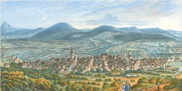 Balingen von Westen um 1842. Aquarell mit Bleistift (Ausschnitt) von F. Schnorr