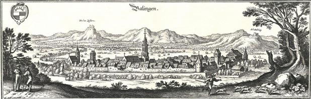 Balingen von Westen. Kupferstich von Matthäus Merian, 1643