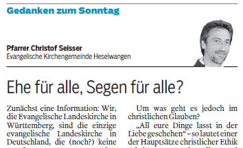 Ausschnitt aus dem Zollernalbkurier mit den Gedanken zum Sonntag von Pfarrer Seisser