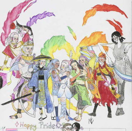 Eine  regenbogenbunte Zeichnung von Menschen großer Diversität darunter die Worte "happy pride"