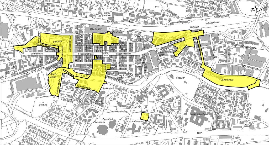 Übersichtsplan mit gelb angelegten Sanierungsflächen